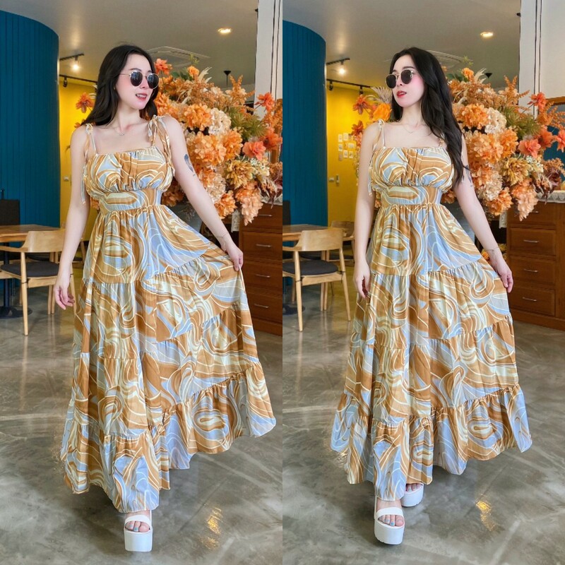 kudapy แม็กซี่เดรสยาว สายเดี่ยวผูกไหล่ งานผ้าไหมอิตาลี ลายผ้าสวย ใส่ได้ตลอดไม่มี out ใส่ไปเที่ยว