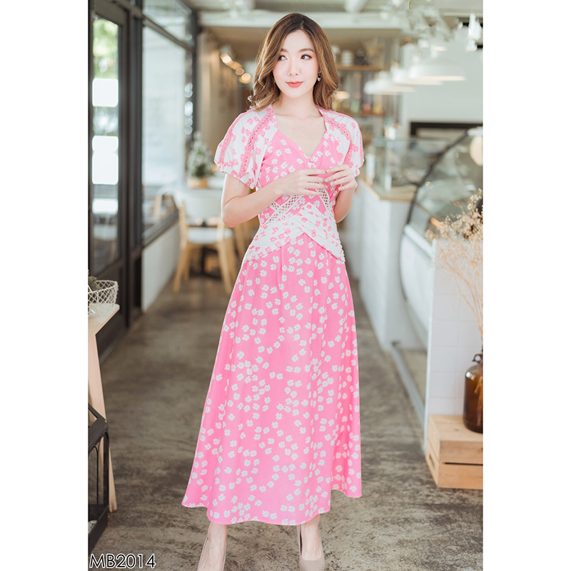 kudapy เดรสยาวสีชมพู/สีดำ ลายจุดแขนบาร์บี้คอเหลี่ยมใส่สบายสวยดูดี