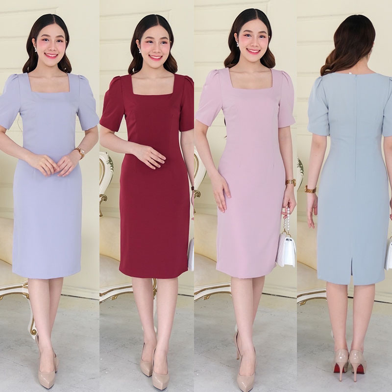 kudapy เดรสสั้นสีแดงเข้ม/สีเขียวพิตาชิโอ้/สีชมพู/สีฟ้าเบบี้บลู คอเหลี่ยม แขนสั้น ปลายแขนจีบ ช่วงตัวตีเกร็ดเอว เข้ารูป ช่วยเก็บทรงให้ดูเอวเล็ก