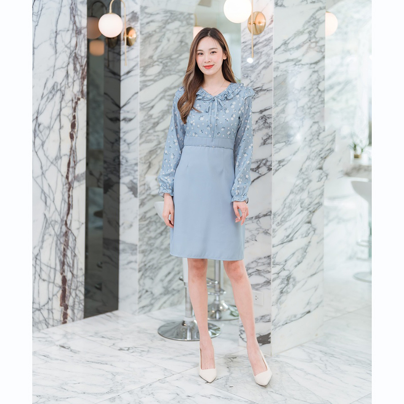 kudapy เดรสสั้นคอกลมสีฟ้า/สีชมพู/สีเขียว ใส่ทำงานแขนยาวคอระบายผูกโบว์กลางอก