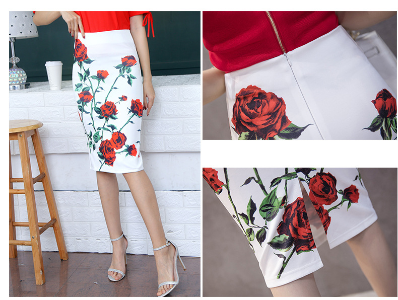 กระโปรงแฟชั่นสีขาวลายกุหลาบแดง ทรงกระสอบ ผ้ายืด งานสวยมากค่ะ