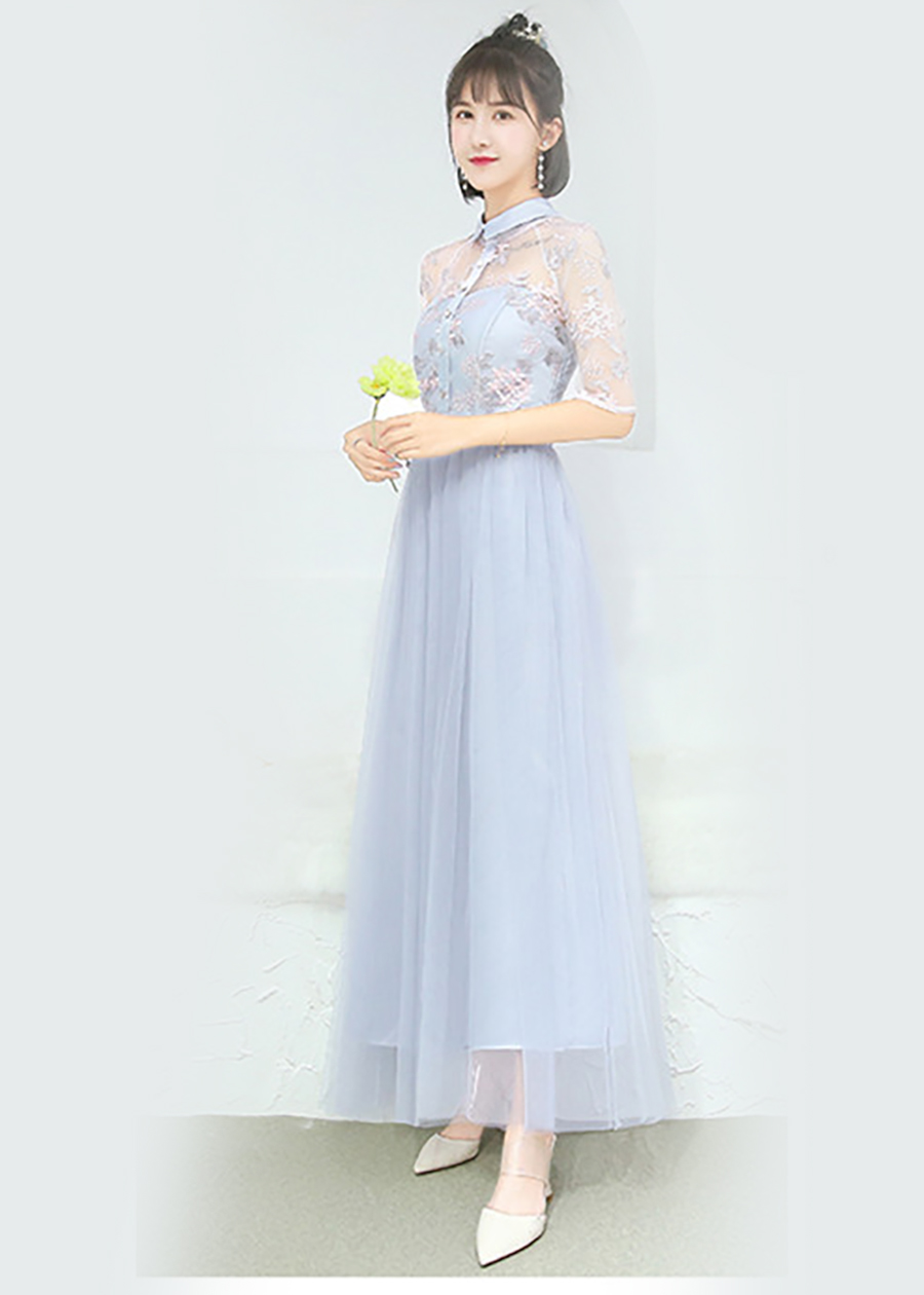 เดรสราตรียาวออกงานสีเทา คอปก แขนผ้าโปร่งลายปัก