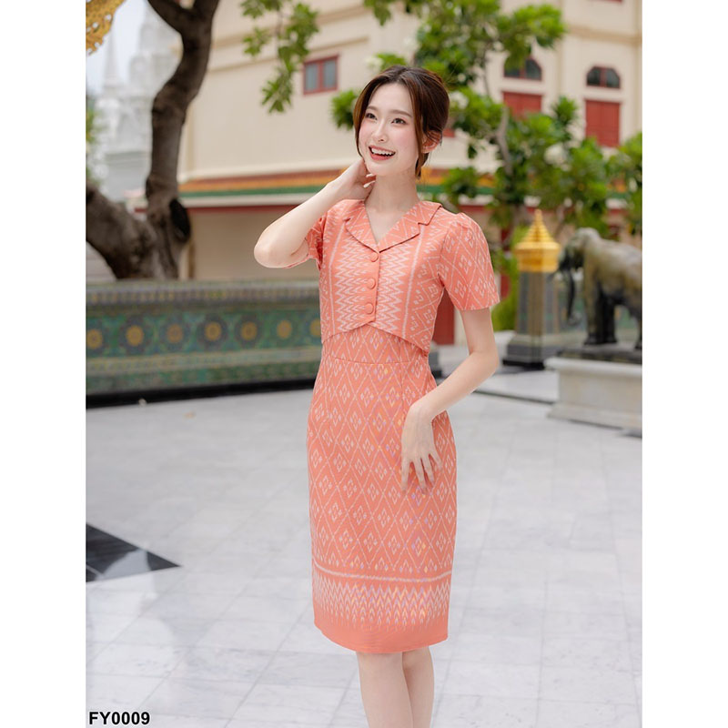 kudapy เดรสสั้นสีฟ้า/สีโอรส ผ้าทอแต่งปกเทเลอร์ ลายผ้าไทย ใส่ออกงาน ใส่ทำงานสวยดูดี