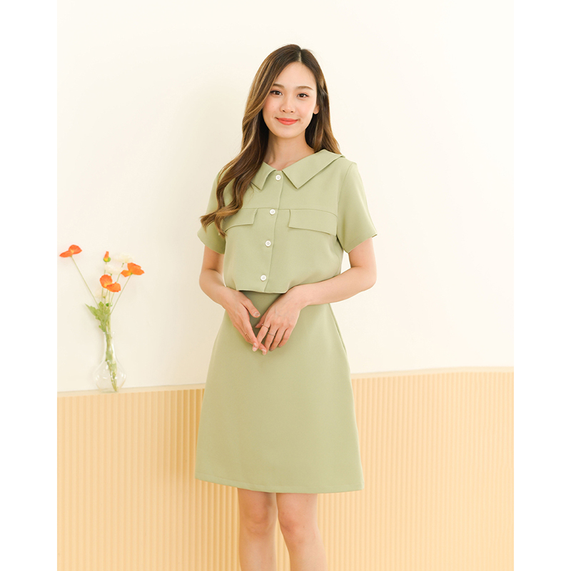 kudapy kudapy เดรสสั้นสีมัทฉะ/สีดำ/สีโอรส คอปก กระดุมอกแกะได้จริง สวยปัง