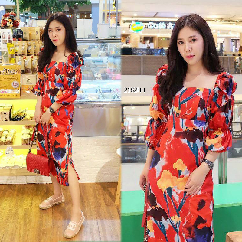 kudapy เดรสยาวสีขาว/สีแดง/สีกรม ผ้าพิมพ์ลายดอกไม้ ผ้าญี่ปุ่นเนื้อผ้าหนากำลังดีใส่เย็นสบาย ลื่นๆ