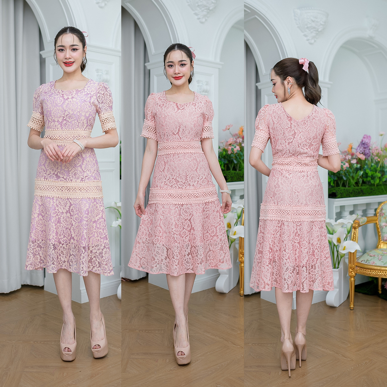 kudapy เดรสสั้นสีม่วงครีม/สีโอรส ลูกไม้ผ้าดีเนื้อนิ่ม ลายสวย ดีเทลแต่งลูกไม้คาดช่วงเอว และสะโพก ปลายแขนแต่งจั้มสวยหวาน
