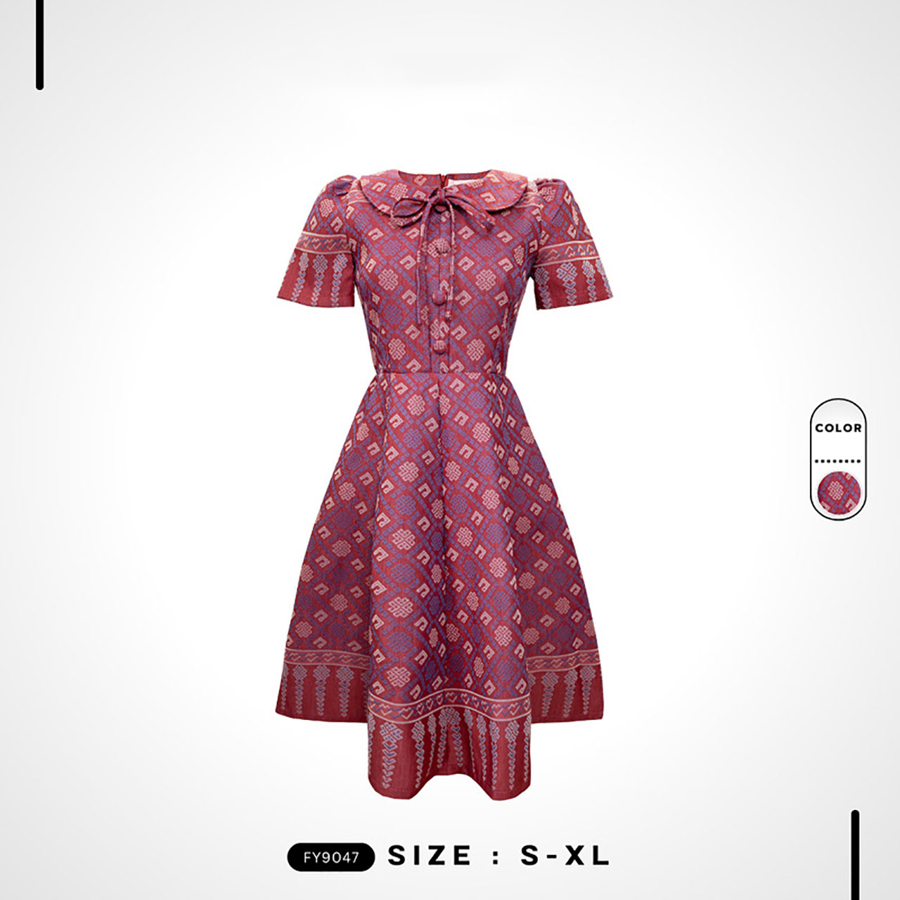 kudapy เดรสสั้น คอปกผูกโบว์ผ้าไทยพิมพ์ลาย