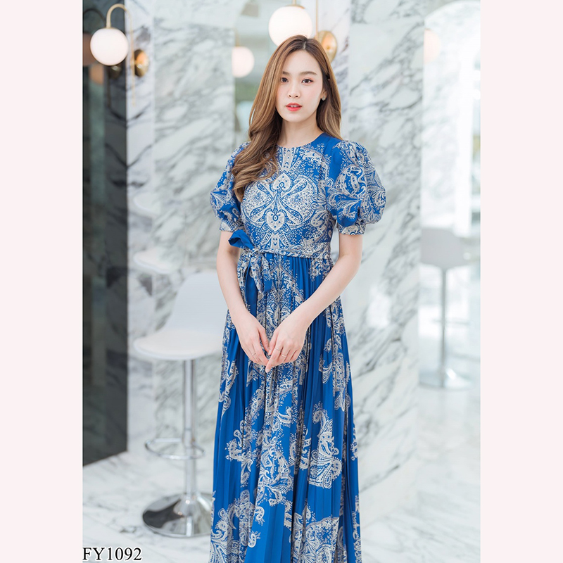 kudapy เดรสยาวสีชมพู/สีกรม กระโปรงอัดพลีทลายโรมัน+เชือก