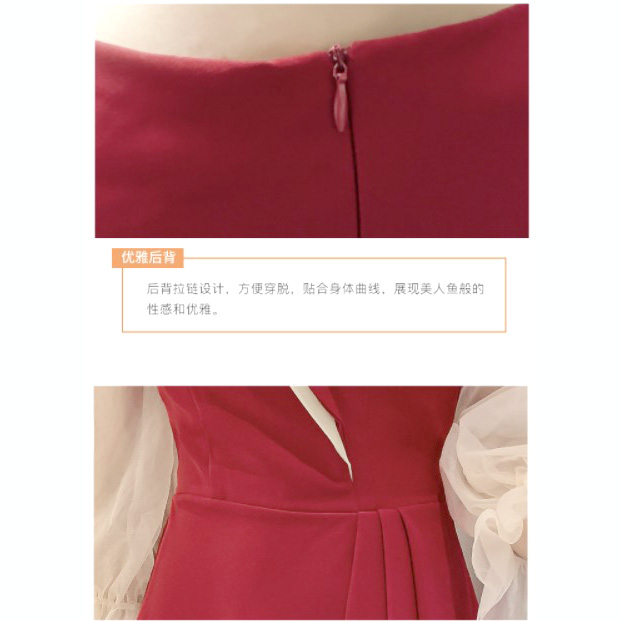 kudapy เดรสสั้นคอวีแขนยาวสีแดงไวน์ แขนชีฟองจั้มปลาย เดรสจับจีบตรงเอวเพิ่มดีเทล แต่งคอปกป้ายหน้า งานสวยมากค่ะ