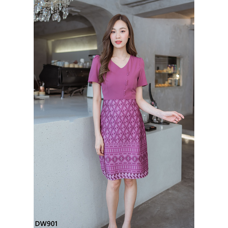 kudapy เดรสสั้นน้ำตาล/สีชมพู/สีฟ้า กระโปรงผ้าไทยท่อนบนสีพื้นแต่งกระดุม