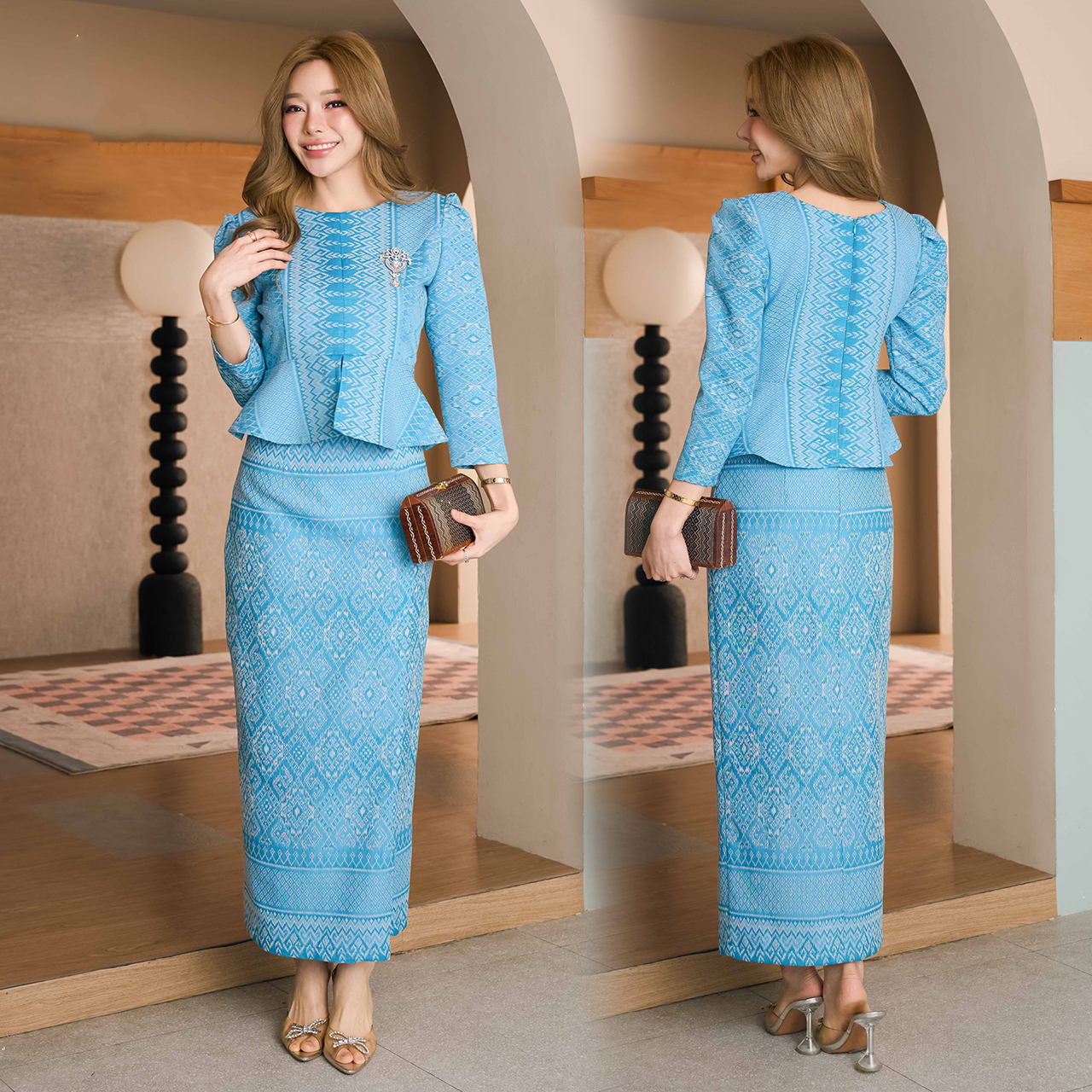 kudapy ชุดเซ็ทสีฟ้า ผ้าฝ้ายเอวระบายงดงามในความเป็นไทย อัดกาวอย่างดี เสื้อทรงเอวระบาย