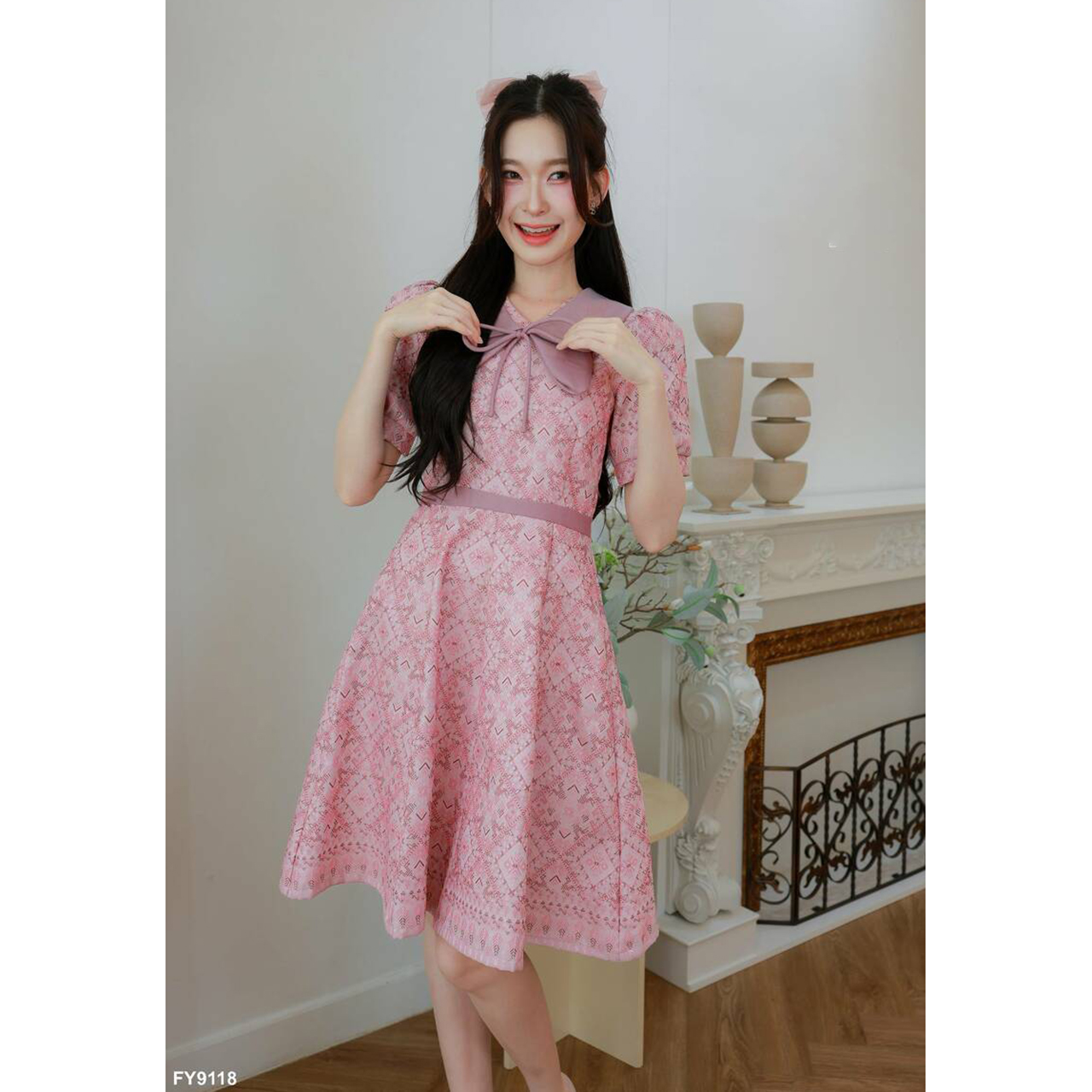 kudapy เดรสคอปกบัวผีเสื้อแขนตุ๊กตาพิมพ์ลาย