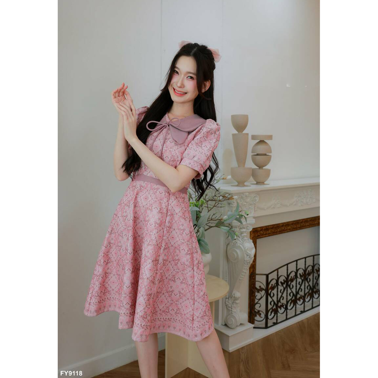 kudapy เดรสคอปกบัวผีเสื้อแขนตุ๊กตาพิมพ์ลาย