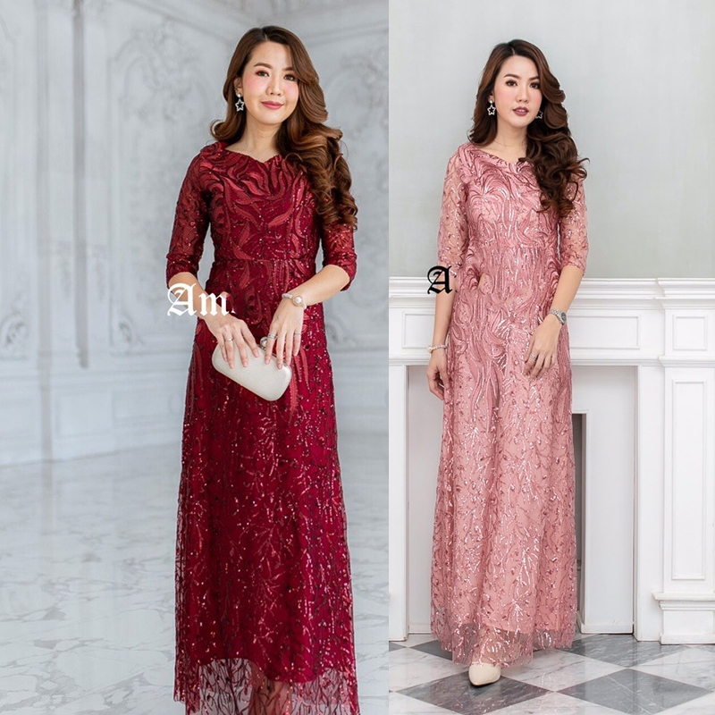 kudapy เดรสราตรีลูกไม้สวยหรูโทนสีชมพูพิ้งโกลด์/สีแดง แขนสามส่วน คอวี เนื้อผ้าลูกไม้ปักลายเย็บแต่งเลื่อมเงาทั้งชุด สวยหรูดูดีมาก