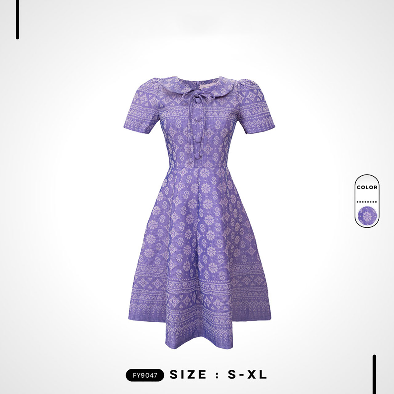 kudapy เดรสสั้น คอปกผูกโบว์ผ้าไทยพิมพ์ลาย