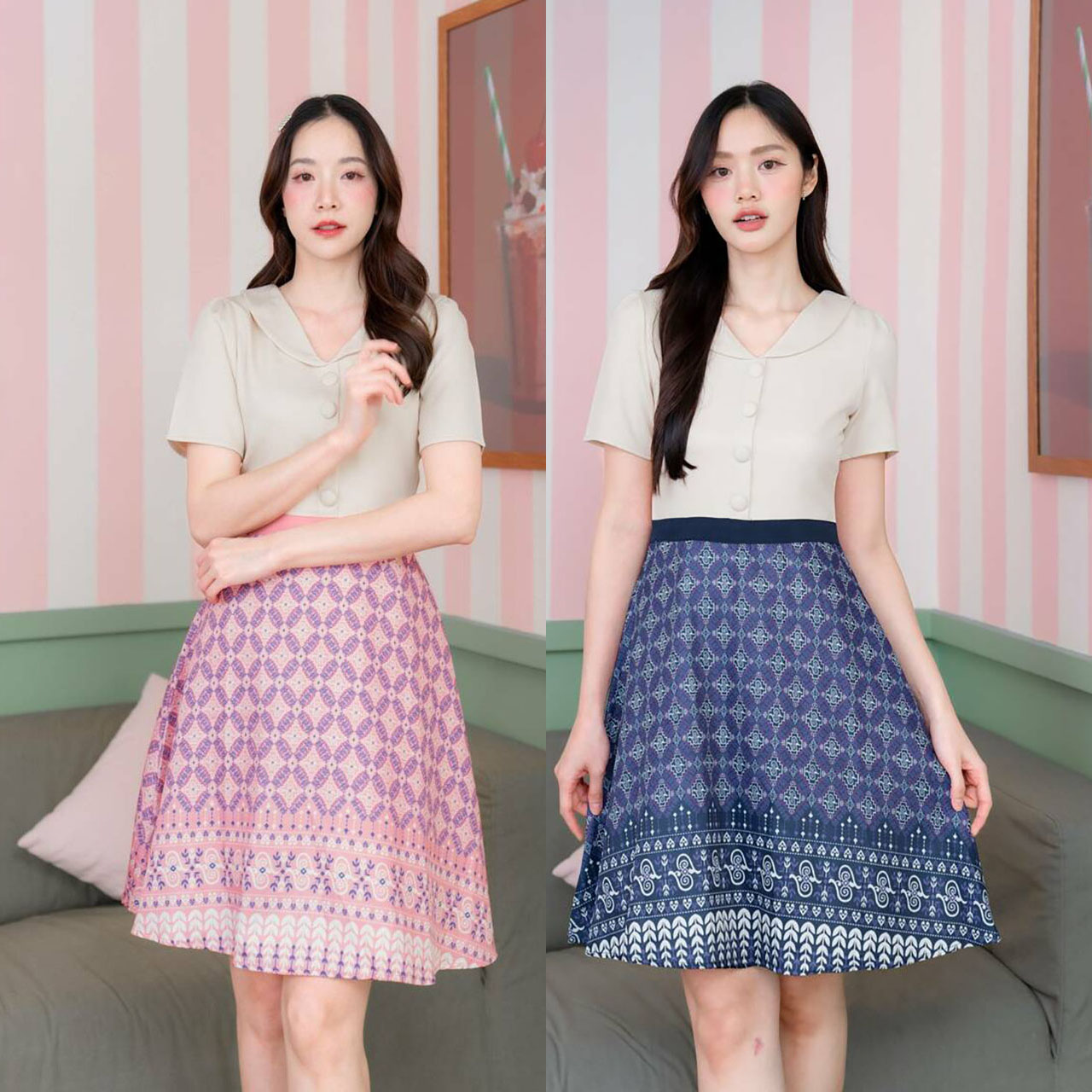 kudapy เดรสสั้นสีกกรม/สีชมพู/สีม่วง เสื้อสีพื้นกระโปรงลายไทย ใส่ออกงาน ใส่ทำงาน สวยดูดเรียบร้อย