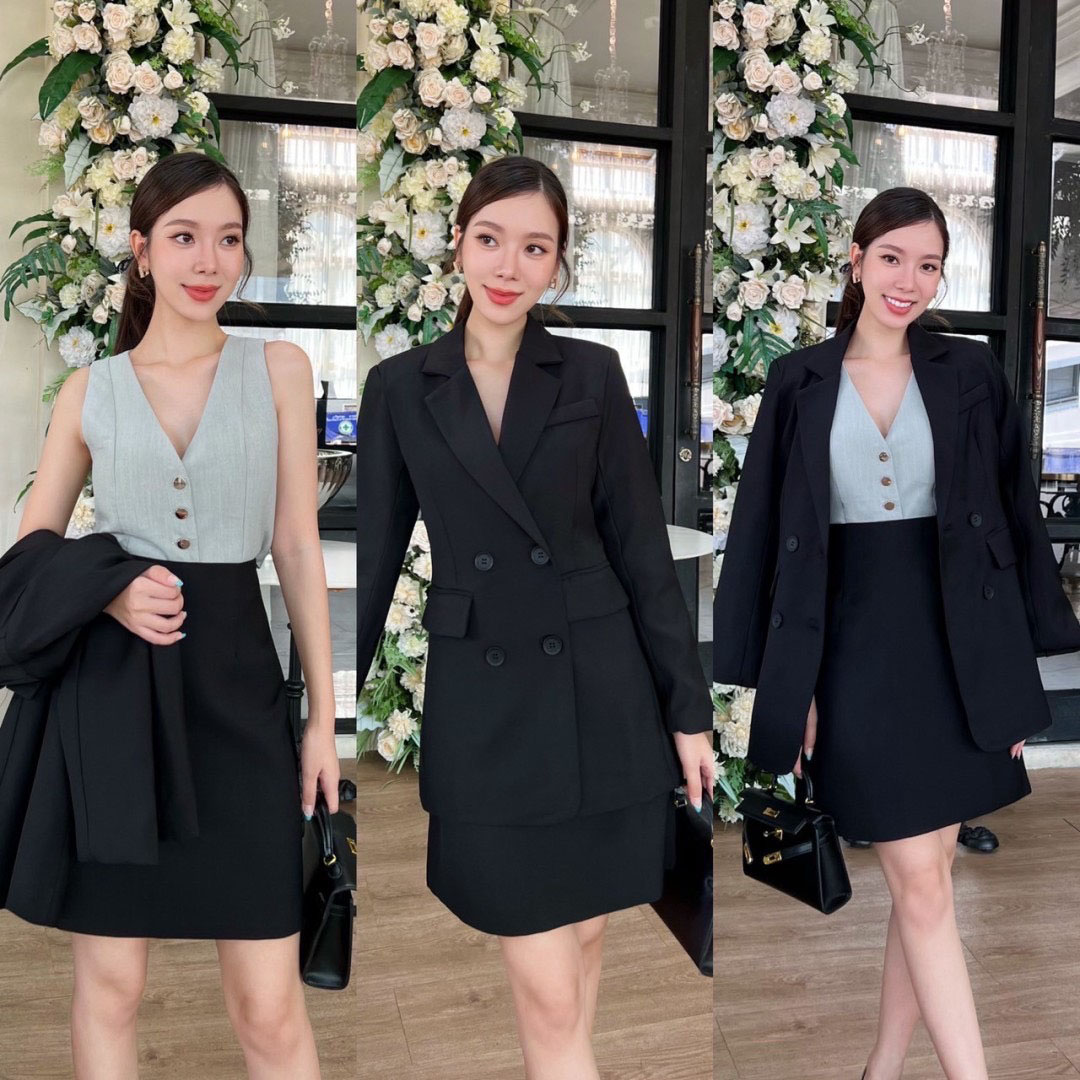 kudapy เสื้อสูท+กระโปรง ผ้าดีมากเว่อร์ ตัวเสื้อแต่งกระดุมด้านหน้า 4 เม็ด มีซับในทั้งตัว