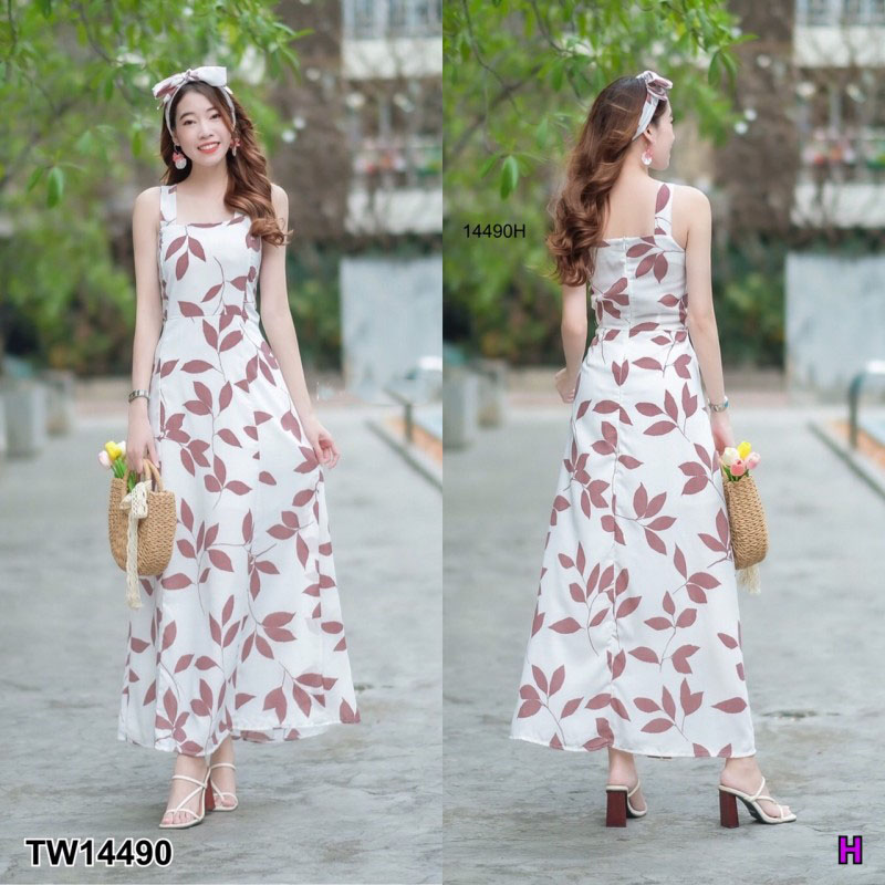 kudapy Maxi Dress เดรสสายเดี่ยวยาว สีชมพู ดำ เขียว เหลือง งานผ้าสลาฟพิมพ์ลายใบไม้ มีซิปซ่อนด้านหลัง มีซัปใน มีโบว์แยก 1 เส้น