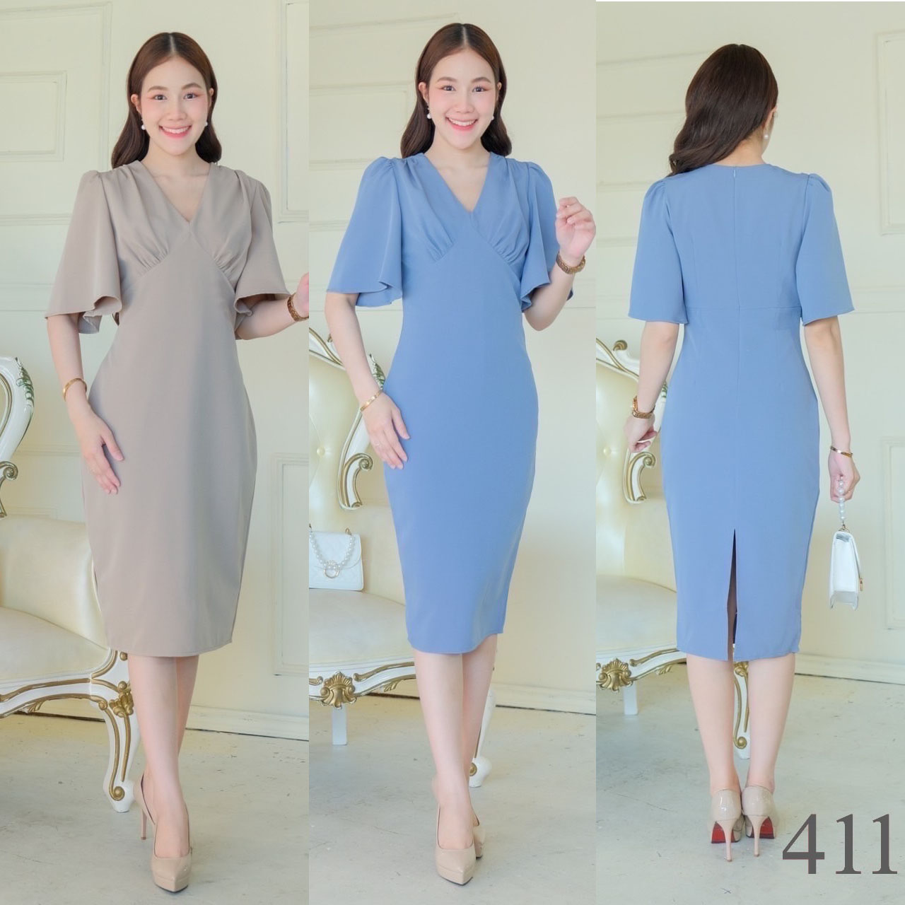 kudapy เดรสสั้นสีฟ้าคราม /สีเขียวอมเทา เข้ารูปทรงสอบ เอวสูงใต้อก คอวี ดีเทลต่อแขนระฆัง จีบยกบ่า