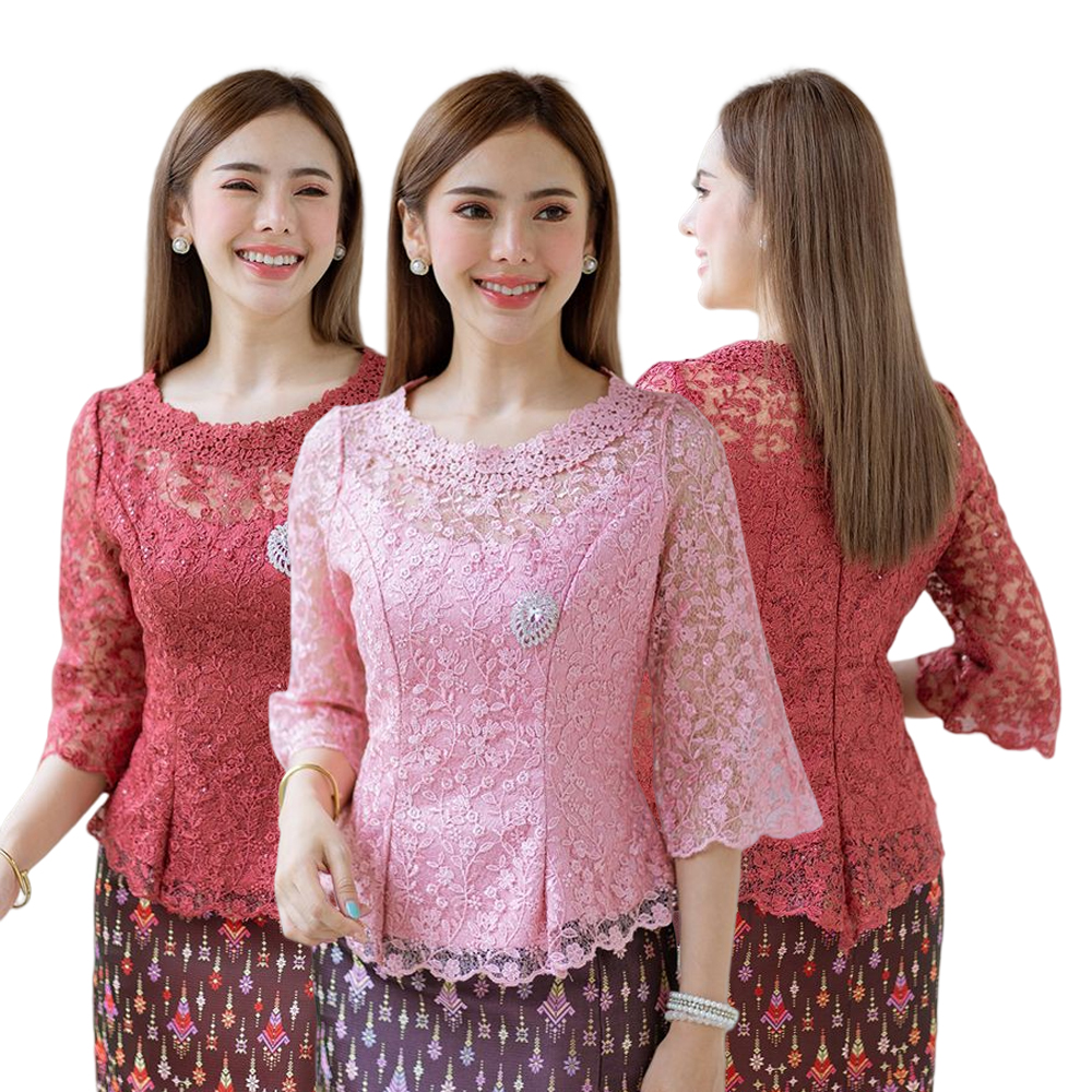 kudapy (เฉพาะเสื้อ) เสื้อลูกไม้สีชมพู/สีแดง/สีฟ้าน้ำทะเล ตัวเสื้อใช้ผ้าลูกไม้ใยบวบเนื้อดีลายลูกไม้แน่นทั้งตัว ตัวเสื้อมาพร้อมซับในเนื้อดีในตัว