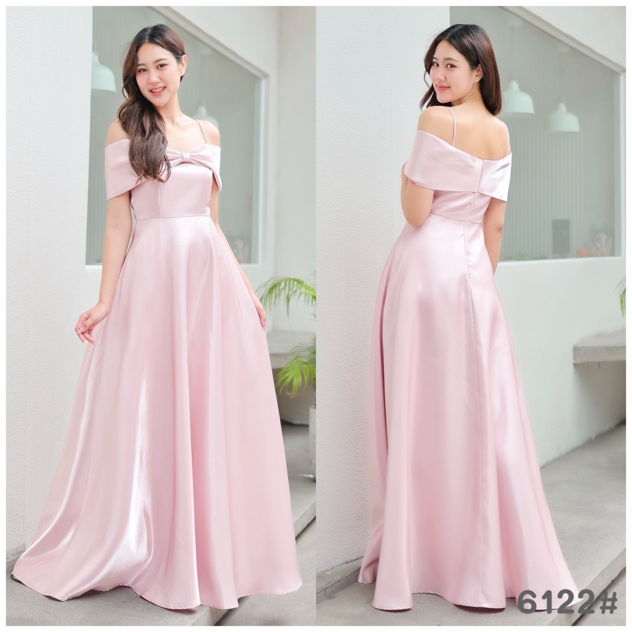 kudapy เดรสยาวเปิดบ่า กระโปรงบาน ทรงสวยเอวสูง ความยาวปิดข้อเท้า ผ้าไม่ยืด มีซับในทั้งตัว