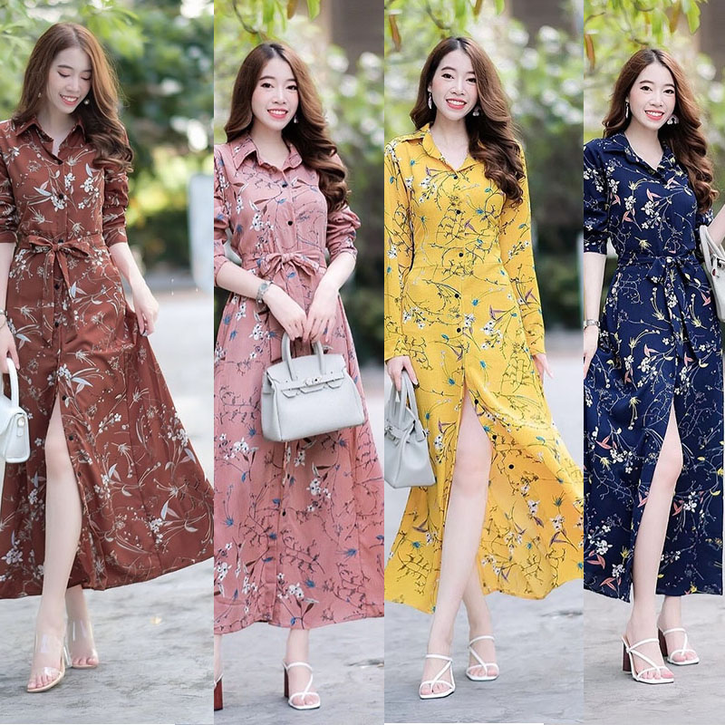 kudapyเดรสยาวสีชมพู/นา้ำตาล/เหลือง/กรม เชิ้ตแขนยาว ลายดอก งานเชิ้ตแต่งคอปกกระดุมช่วงหน้ายาว