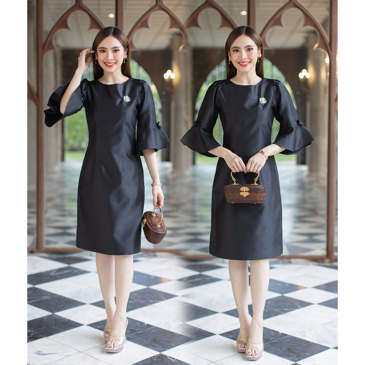 kudapy เดรสสั้นสีน้ำตาล/สีดำ/สีแดง/สีม่วง งานไหม 4 เส้น อัดกาวทั้งตัว ทรงสวยใส่ออกงาน