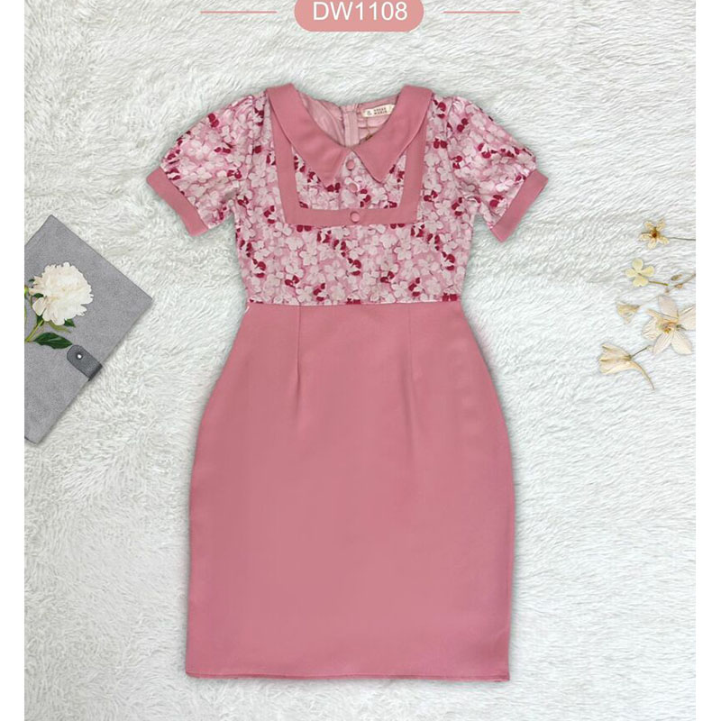 kudapy เดรสสั้นสีชมพู/สีกรม/สีม่วง กระโปรงสีพื้นคอปกเสื้อลายดอกแต่งกระดุม 3 ชิ้น