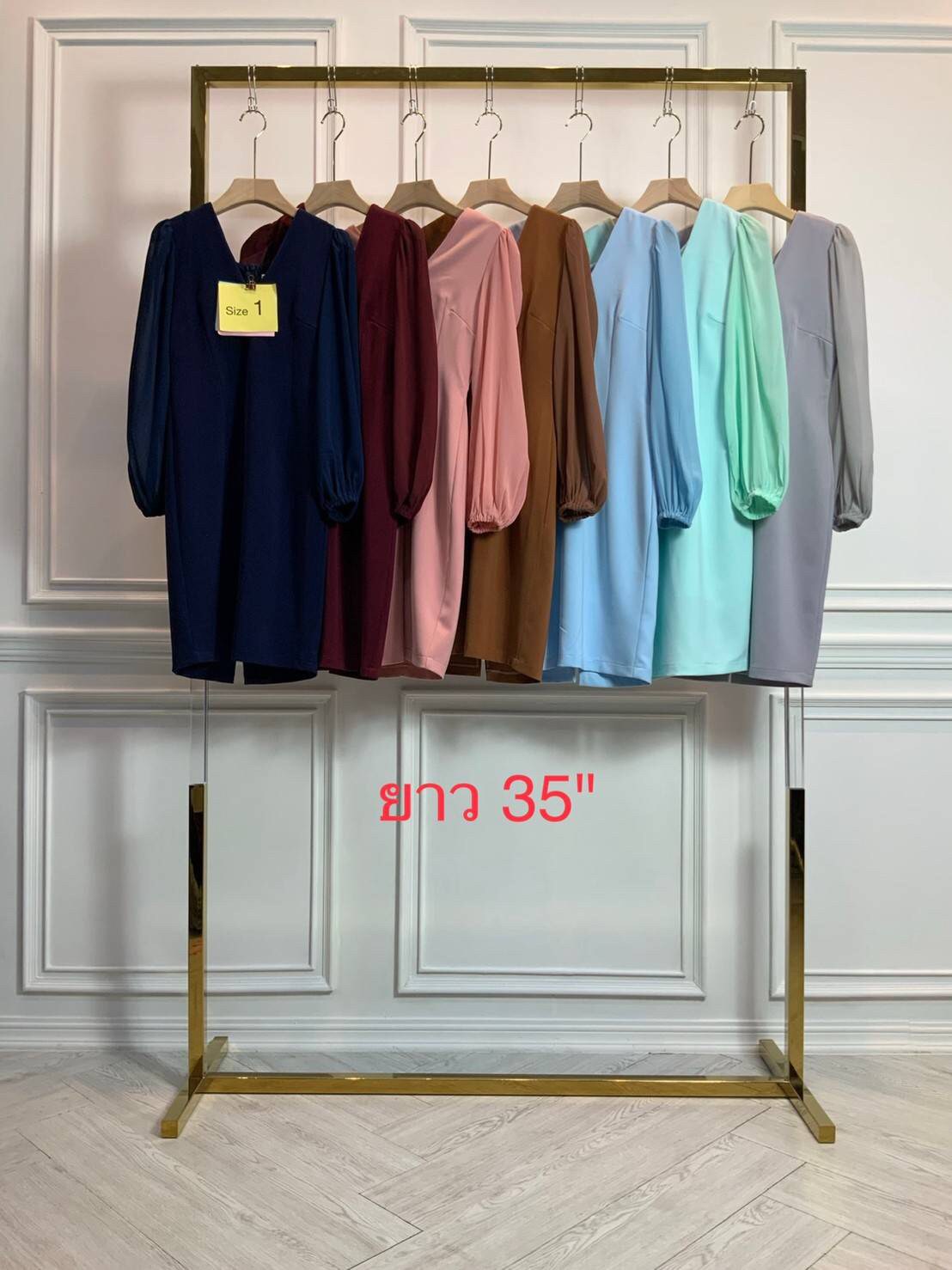 kudapy เดรสสั้นใส่ออกงาน คอวีแขนยาวชีฟอง ผ้าฮานาโกะ สีชมพู, กรมท่า, เขียวมิ้นท์, น้ำตาล ,แดงเลือดหมู