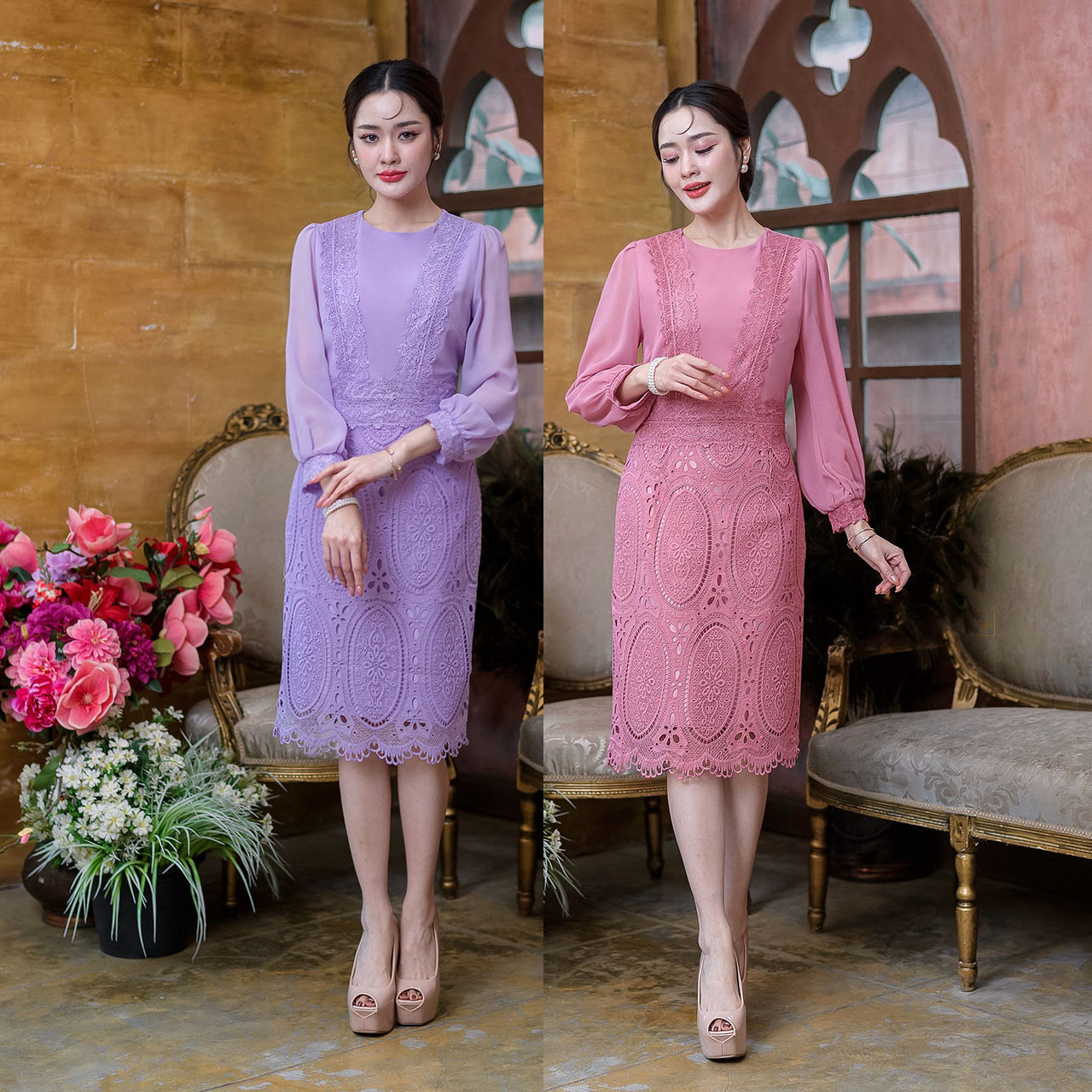 kudapyเดรสสั้นสีม่วง/สีชมพูกลีบบัวสไตล์แขนยาว ผ้าลูกไม้ช่วงกระโปรง เสื้อเป็นผ้าชิฟฟ่อนใส่สบายไม่ร้อนแต่งด้วยลูกไม้คาด
