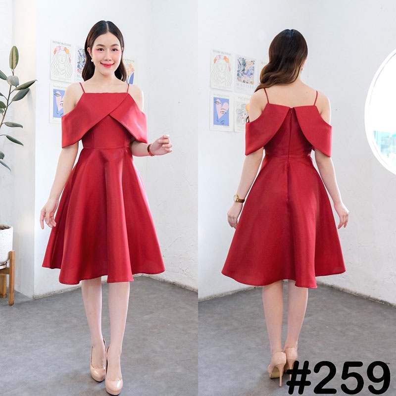 kudapy เดรสสั้นสีทอง ชมพู แดง กรม สายเดี่ยว อกไขว้ป้ายใหญ่ พรางแขนเยอะสุด กระโปรงฟรีสะโพก ใส่ง่าย ไม่รั้งแขน