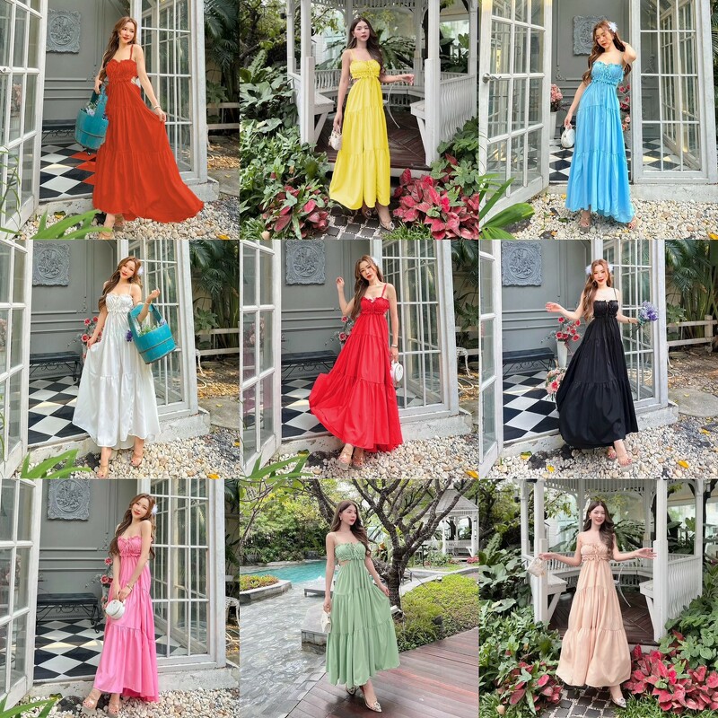 kudapy เดรสยาว สายเดี่ยว กระโปรงยาวบานละมุนละไม ตัวกระโปรงระบายต่อกันเป็นชั้นๆ