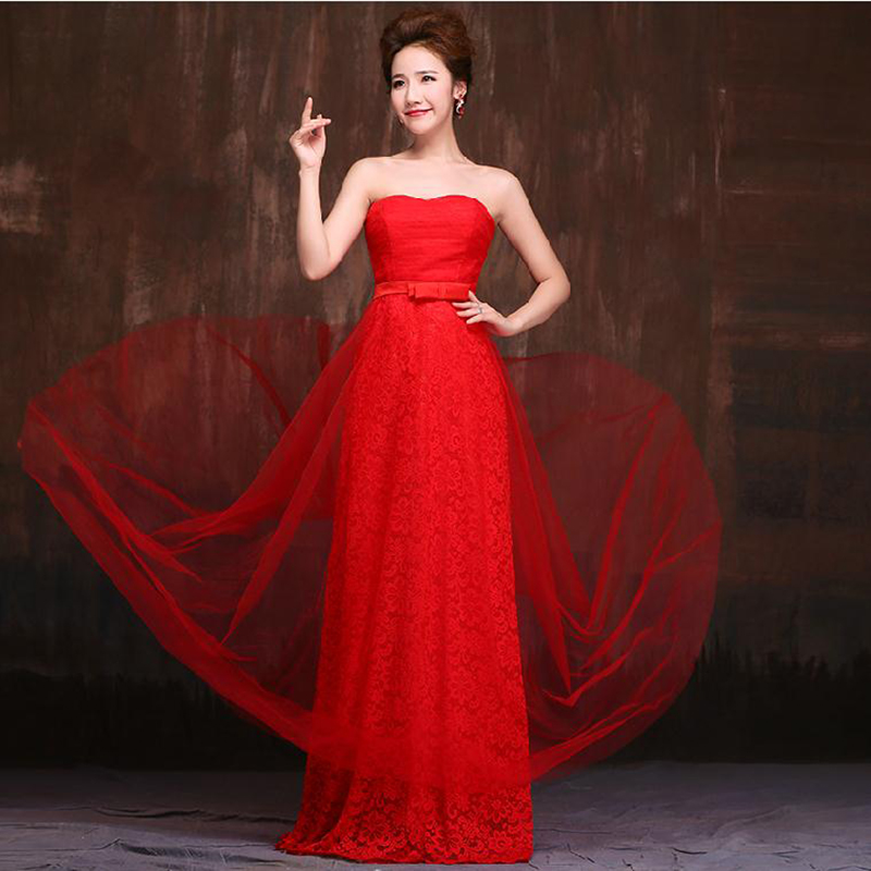 kudapy ชุดราตรียาวสีแดง เกาะอกลูกไม้ คลุมผ้าตาข่ายชั้นนอก แต่งโบว์ช่วงเอว