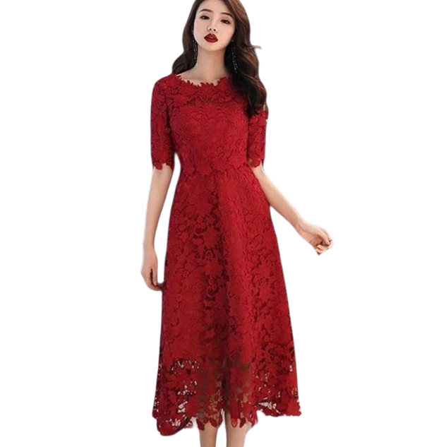 kudapy เดรสยาวคลุมเข่าผ้าลูกไม้สีแดงสด คอกลมแขนสามส่วน งานซิบหลัง ใส่ออกงาน ผ้าลูกไม้เนื้อแน่นอย่างดี ช่วงล่างยาวใช้ผ้า 3 ชั้น