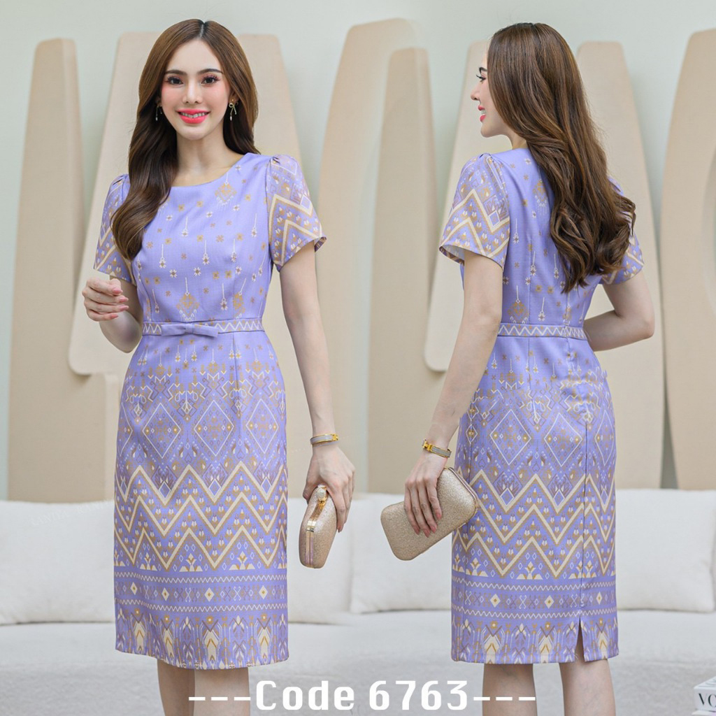 kudapy ชุดเดรสทรงสอบงานผ้าซาร่าพิมพ์ลายไทย คอกลม งานมีซับใน ชิปซ่อนหลัง (สีม่วงพาสเทล/สีเขียวพาสเทล/ สีชมพู/ สีเหลือง/สีดำ/ สีครีม/ สีมังคุด)