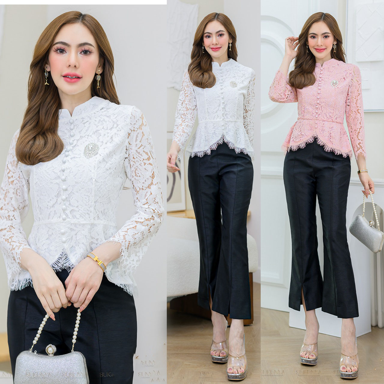 kudapy เสื้อลูกไม้สีชมพู //สีขาว เนื้อฝรั่งเศสนิ่มไม่คัน ตัวเสื้อบุซับใน แต่งกระดุมหน้า คอจีน แขนยาว แต่งเอวดีดแหวกหน้า (เฉพาะเสื้อ)