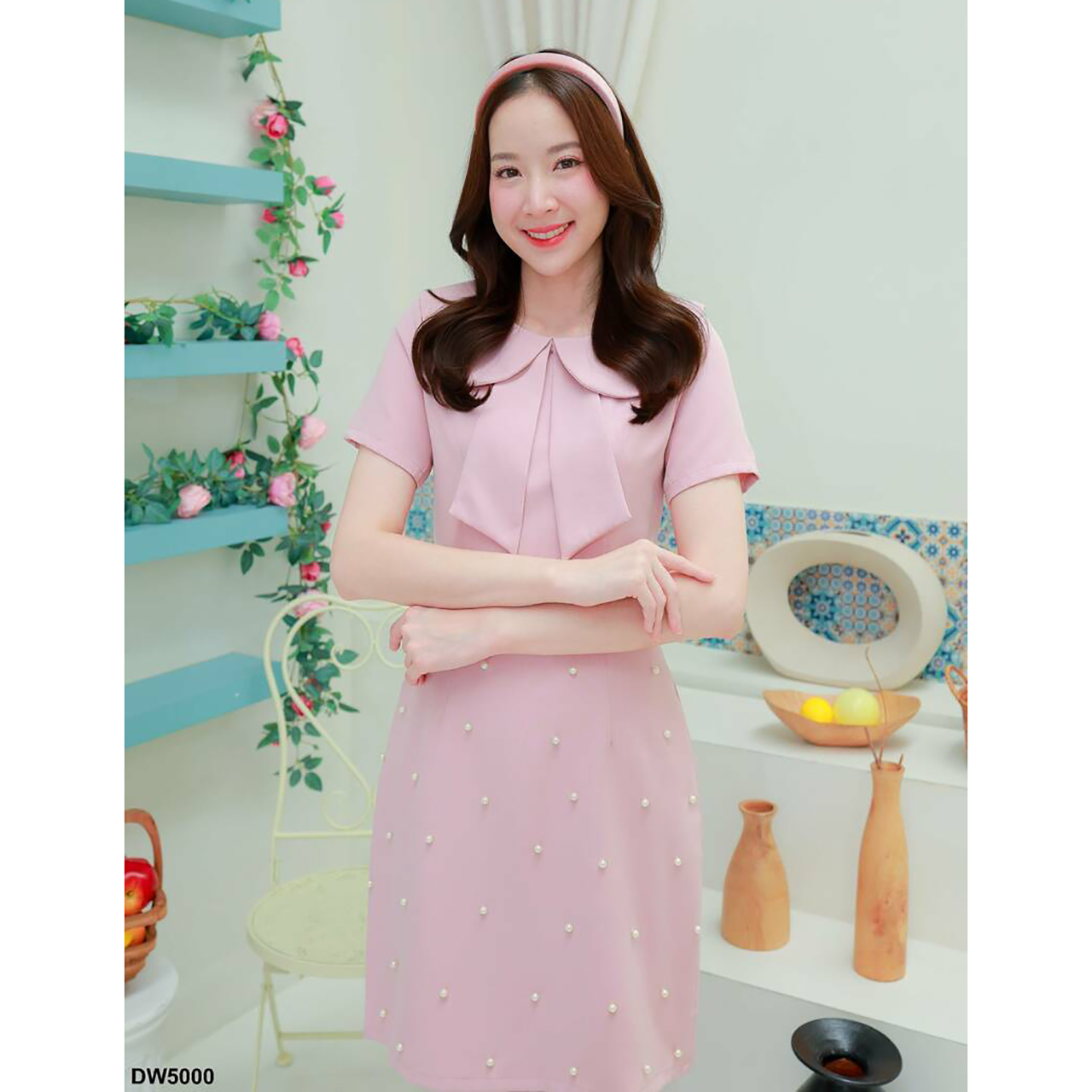 kudapy เดรสสั้น คอกลมกระโปรงแต่งมุก