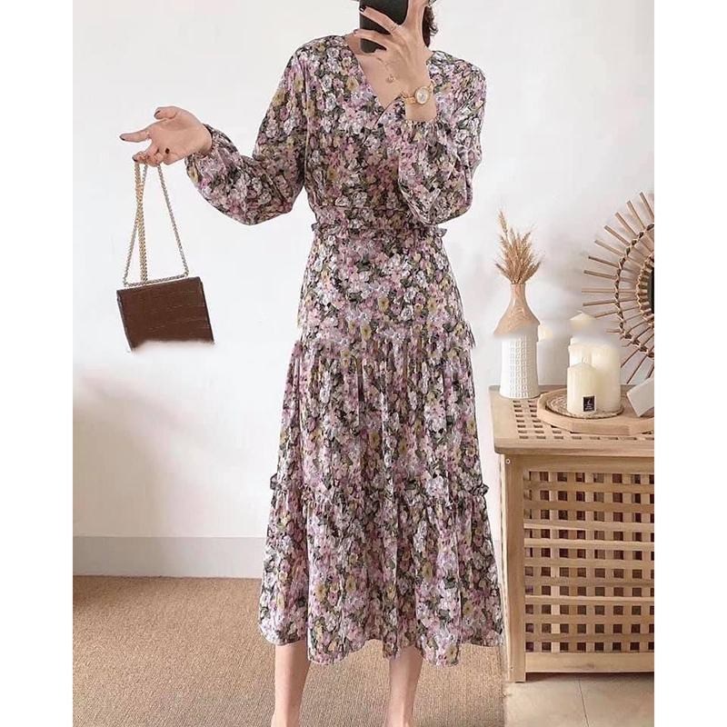 kudapy ชุด Set ผ้าชีฟองลายดอกสีม่วง/สีชมพู/สีฟ้า เนื้อผ้าอย่างดี เดรสยาวคอวี เก็บเอวสวยงานดีมาก ใส่สบายสุดๆ