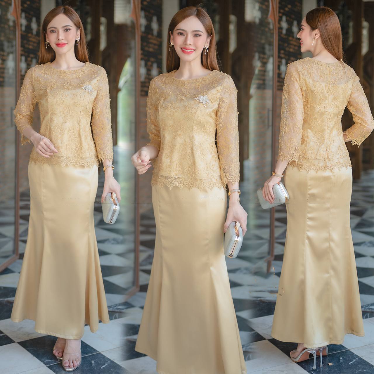 kudapy ชุดเซ็ทงาน 2ชิ้น ชุดผ้าเครปซาติน เนื้อผ้าทิ้งตัวสวยงาม เสื้อตกแต่งด้วยผ้าลูกไม้ใยบวบลายกุหลาบ 3มิติ