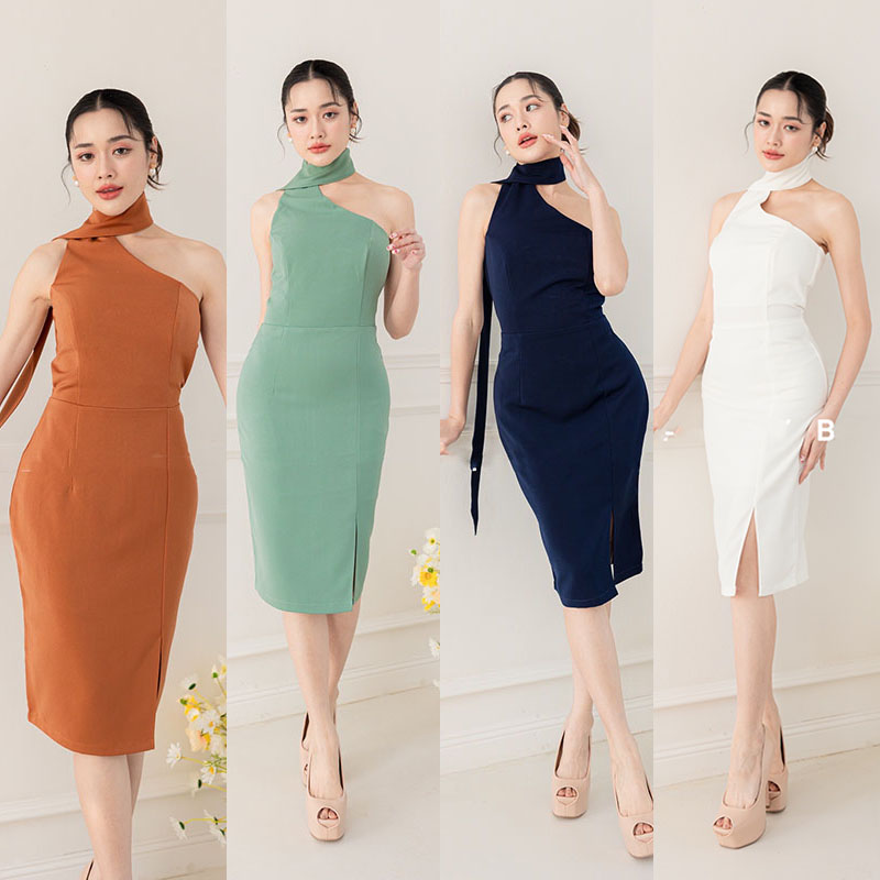 kudapy เดรสสั้นสีน้ำตาลอิฐ/สีเขียว/สีกรม/สีขาว เดรสเปิดไหล่ใส่ออกงาน เฟี้ยสๆ เรียบ หรู ดูแพง
