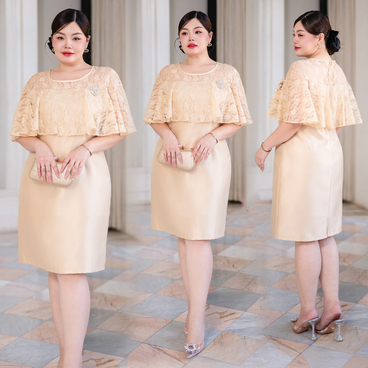 kudapy เดรสผ้าไหมญี่ปุ่นคอปาด แต่งระบายลูกไม้ช่วงคอและแขน กระโปรงทรงสอบผ่าหลังเล็กน้อย