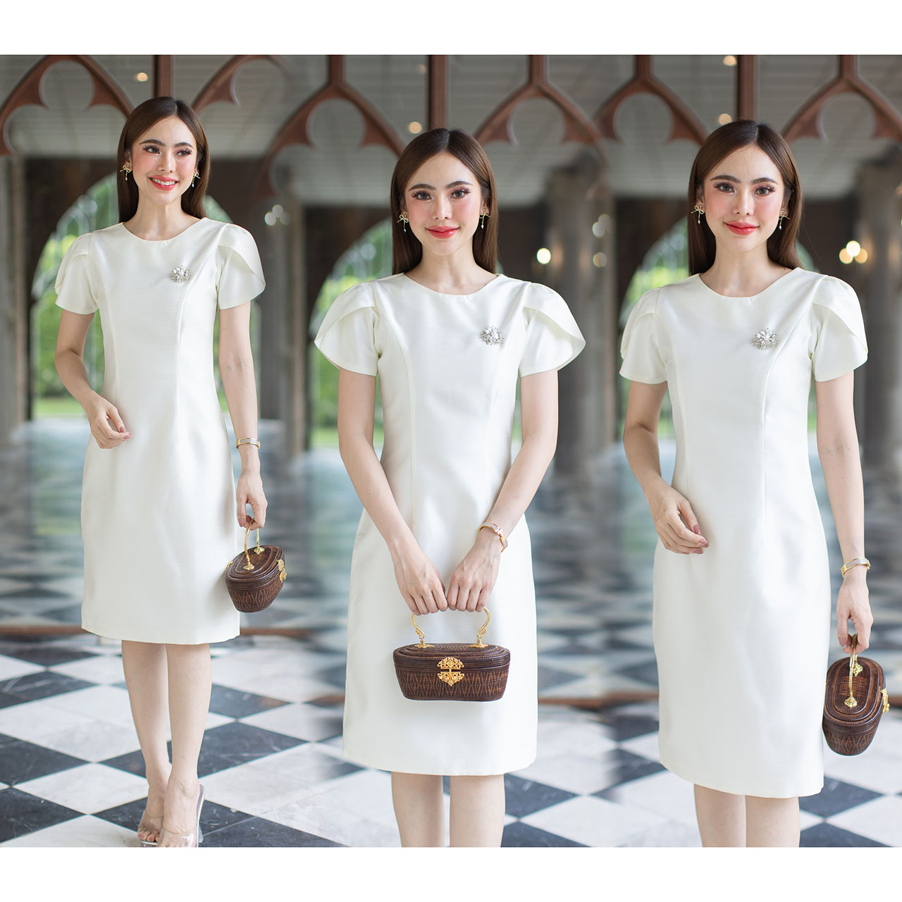 kudapy เดรสสั้นสีชมพู/สีเขียวอ่อน/สีดำ/สีขาว เดรสผ้าไหม 4 เส้น เนื้อผ้าอย่างดี อัดกาวทั้งตัว ทรงสวย