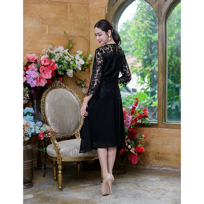 kudapy เดรสสั้นลูกไม้ไปงานสีฟ้าคราม/สีดำ/สีชมพู/สีกะปิ คอกลม แขนสามส่วน เดรสแต่งชีฟอง มีซับใน ทรงสวยมากค่ะ