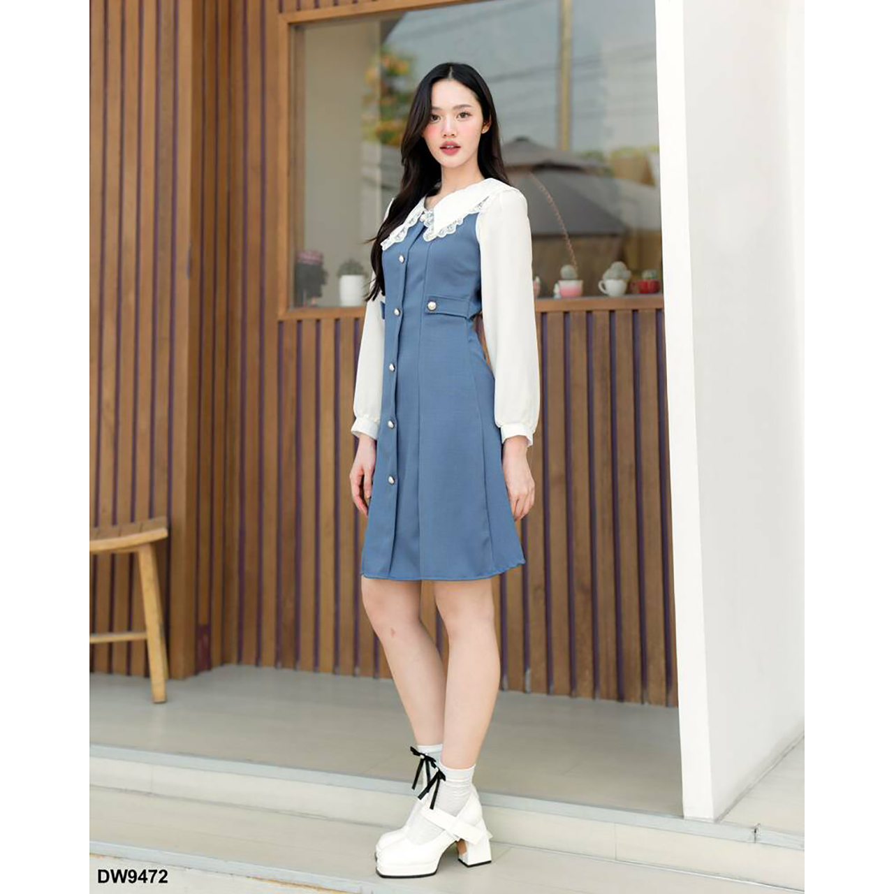 kudapy เดรสสั้นสีชมพู/สีน้ำเงินคราม คอปกผ้าพื้นแขนยาว