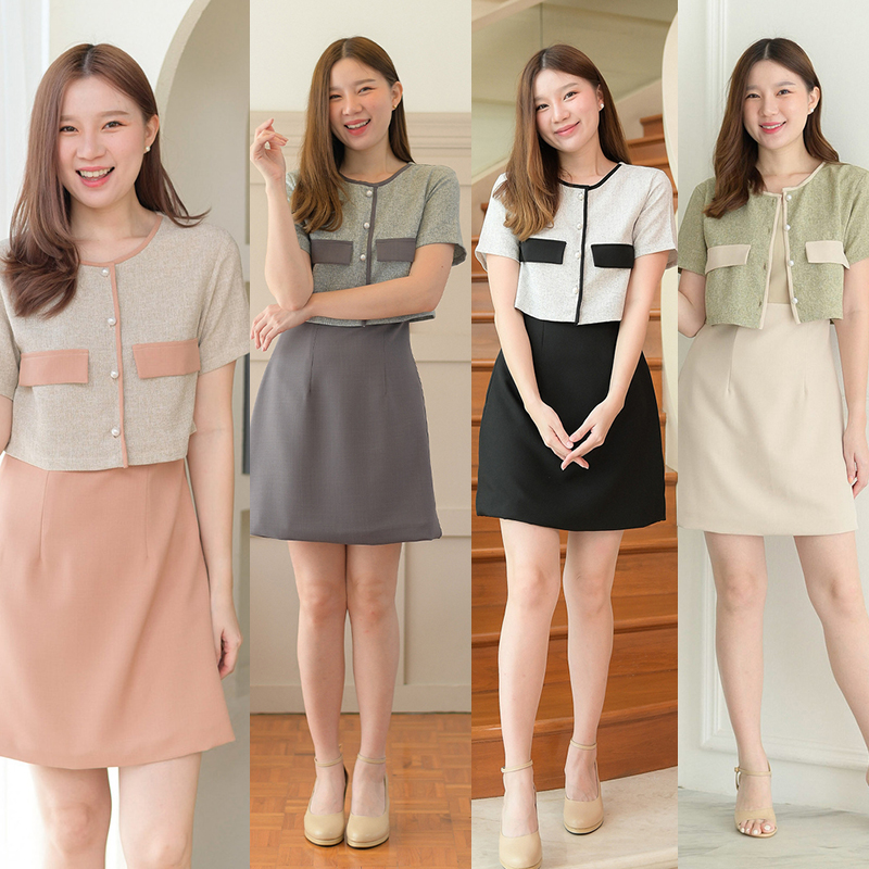 kudapy เดรสสั้นสีเบจ/สีดำ/สีเทาเข้ม/สีชานม ดีไซน์สวย ตัดต่อช่วงตัวคล้ายเชิ้ต เนื้อผ้าชาแนล กระดุมมุกแกะได้จริง แต่งกุ๊นเล่นสีทูโทน เย็บกลับซับในทั้งตัว