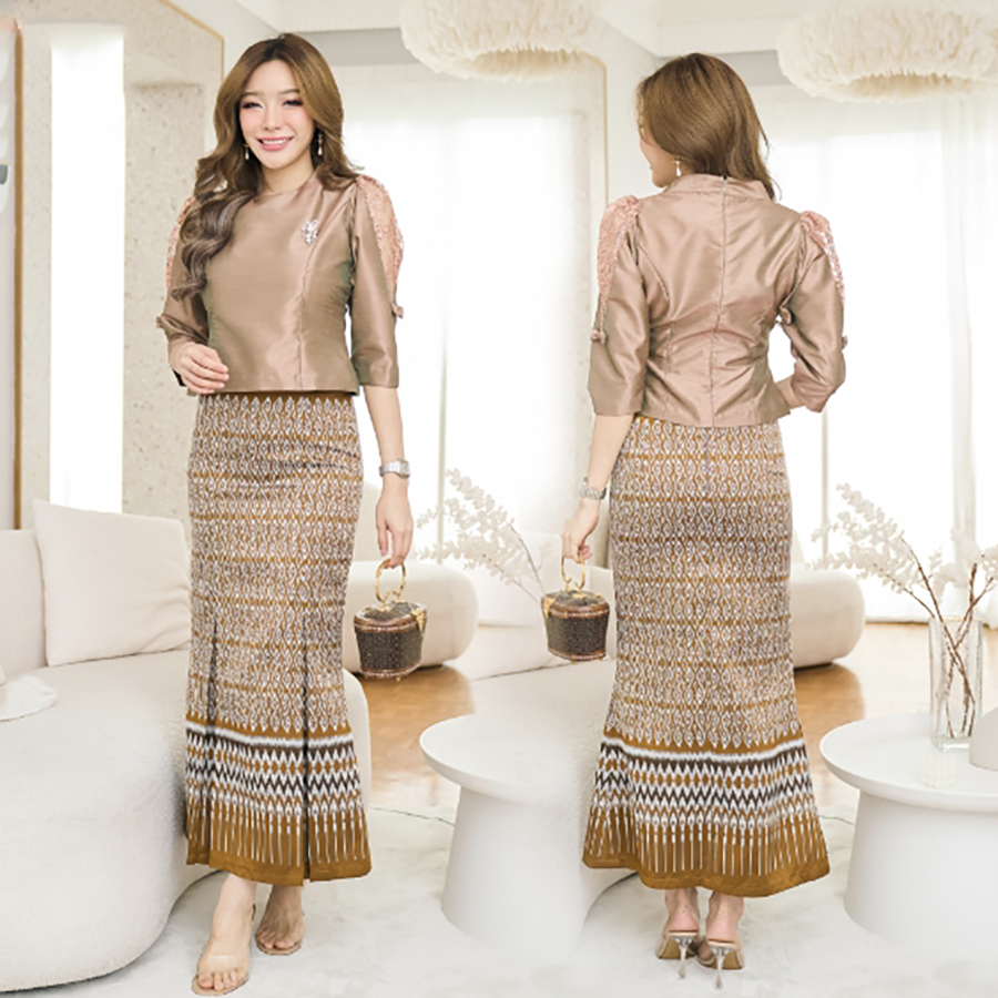 kudapy เซต2ชิ้น ชุดไปงานแต่งสีน้ำตาลประกายทอง คอวียกสูง แขนแต่งลูกไม้ยกไหล่ +ผ้าถุงทอลายกาฬสินท์ ทรงหางปลา ดีเทลสวยมากค่ะ