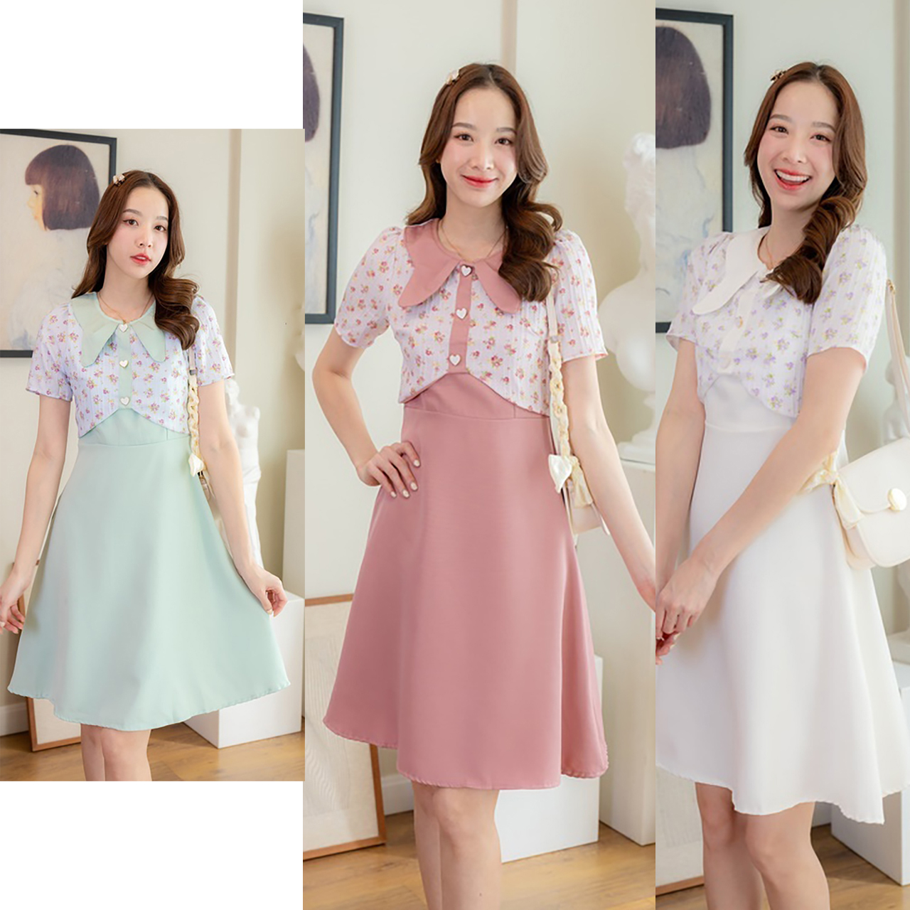 kudapy เดรสสั้นสีเขียว/สีขาว/สีชมพู เสื้อลายดอกปกโบว์หูกระต่ายกระดุม3ชิ้น