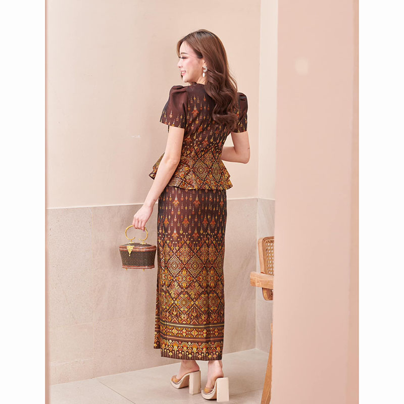 kudapy ชุดเซ็ทโทนสีน้ำตาล ไหมแพรวาทอลายกาฬสินทร์ เนื้อเบาสบาย + ผ้าถุง เอวสูงเพื่อทรงที่สวยงาม