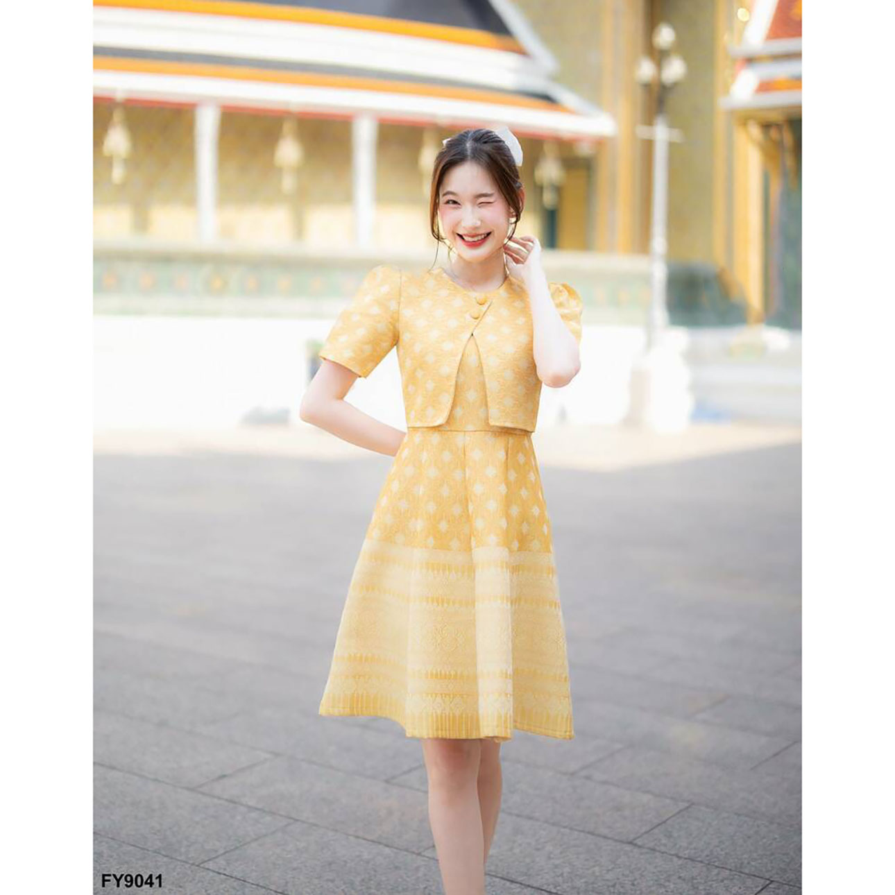 kudapy เดรสสั้สนสีม่วง/สีเหลือง ผ้าไทยกั๊กกระดุม 2 เม็ดกระโปรงบาน