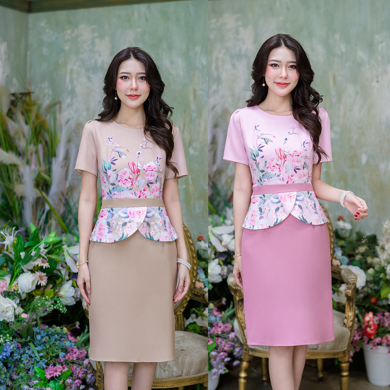 kudapy เดรสสั้นสีชมพู/สีครีมน้ำตาล ผ้าพื้นทอผสมเนื้อดี ผ้านิ่มยับยาก เนื้อผ้าเย็นใส่สบาย